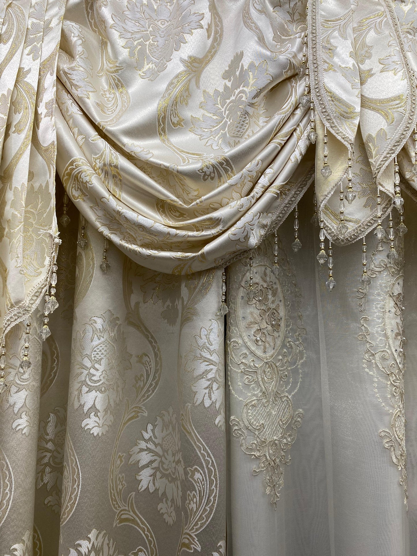 Mina 7 Piece Luxury Beige Curtain Set with Monalisa Panels & Backing