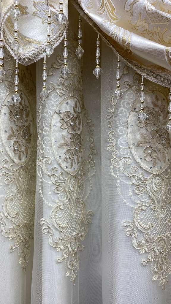 Mina 7 Piece Luxury Beige Curtain Set with Monalisa Panels & Backing