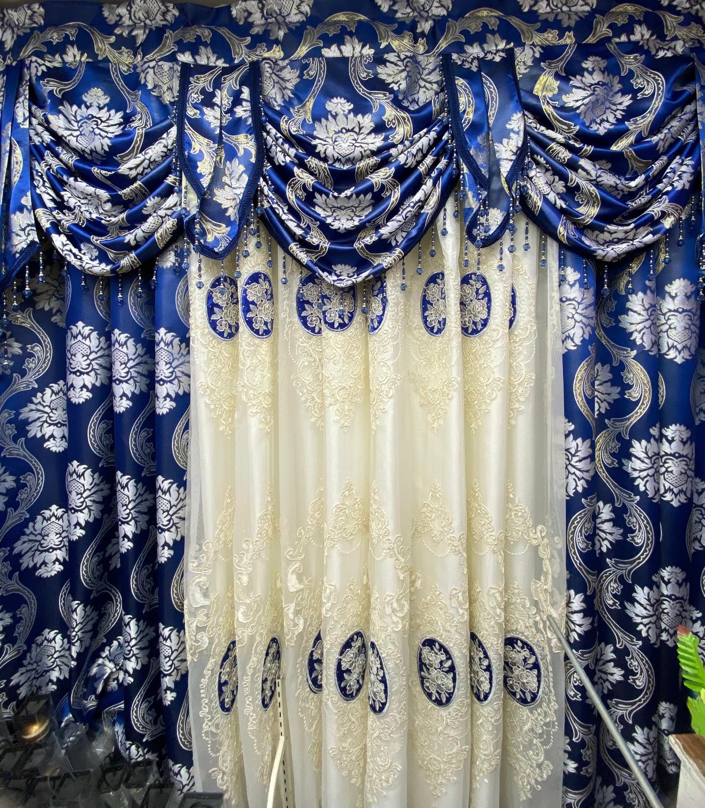 Blue Mina Luxury Curtain Set for 78 Inch Wide Window with Monalisa Panels and Backing