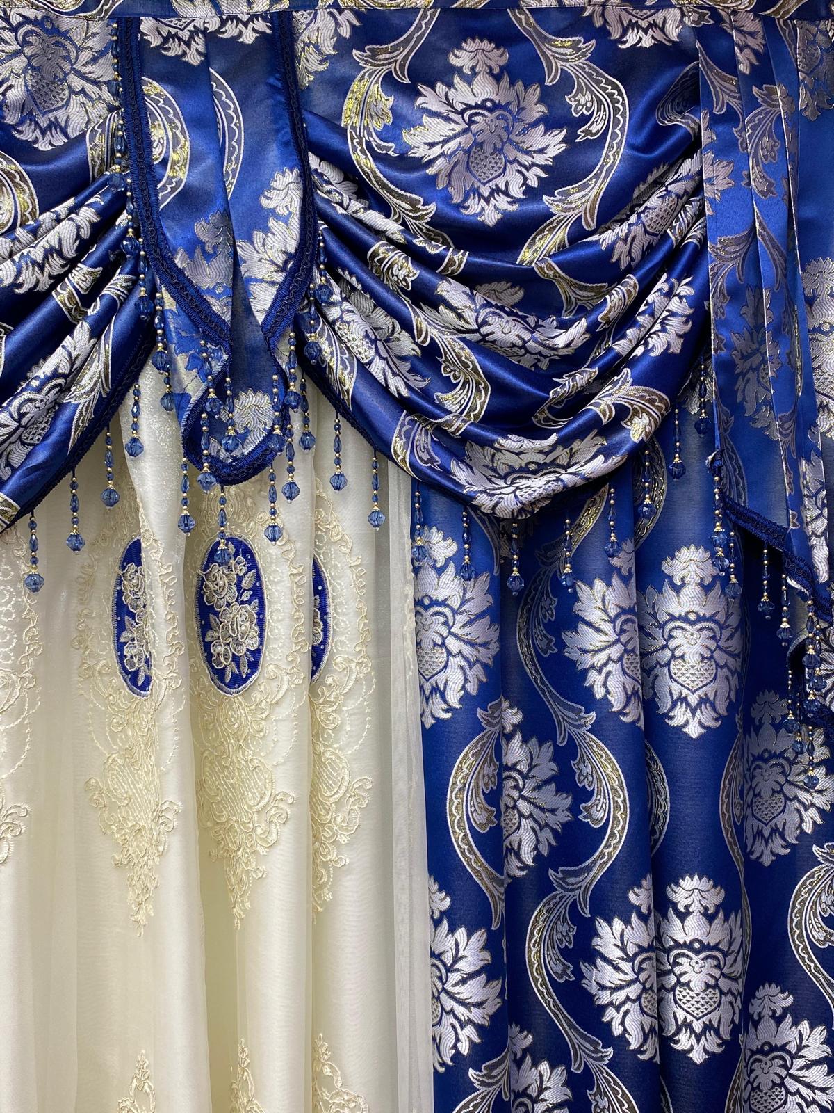 Blue Mina Luxury Curtain Set for 78 Inch Wide Window with Monalisa Panels and Backing