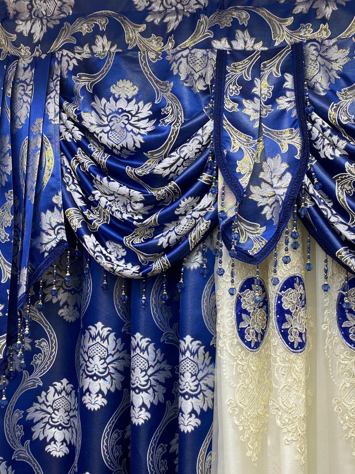 Blue Mina Luxury Curtain Set for 78 Inch Wide Window with Monalisa Panels and Backing