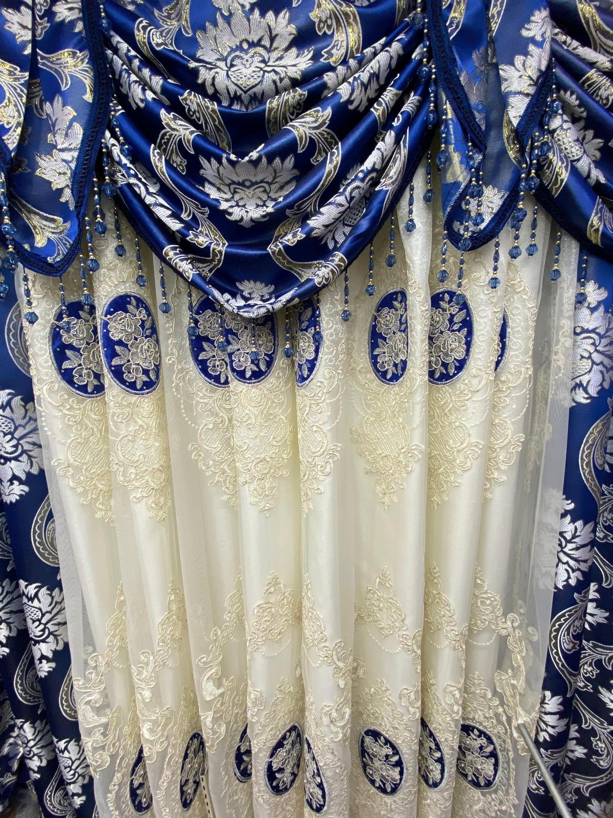 Blue Mina Luxury Curtain Set for 78 Inch Wide Window with Monalisa Panels and Backing