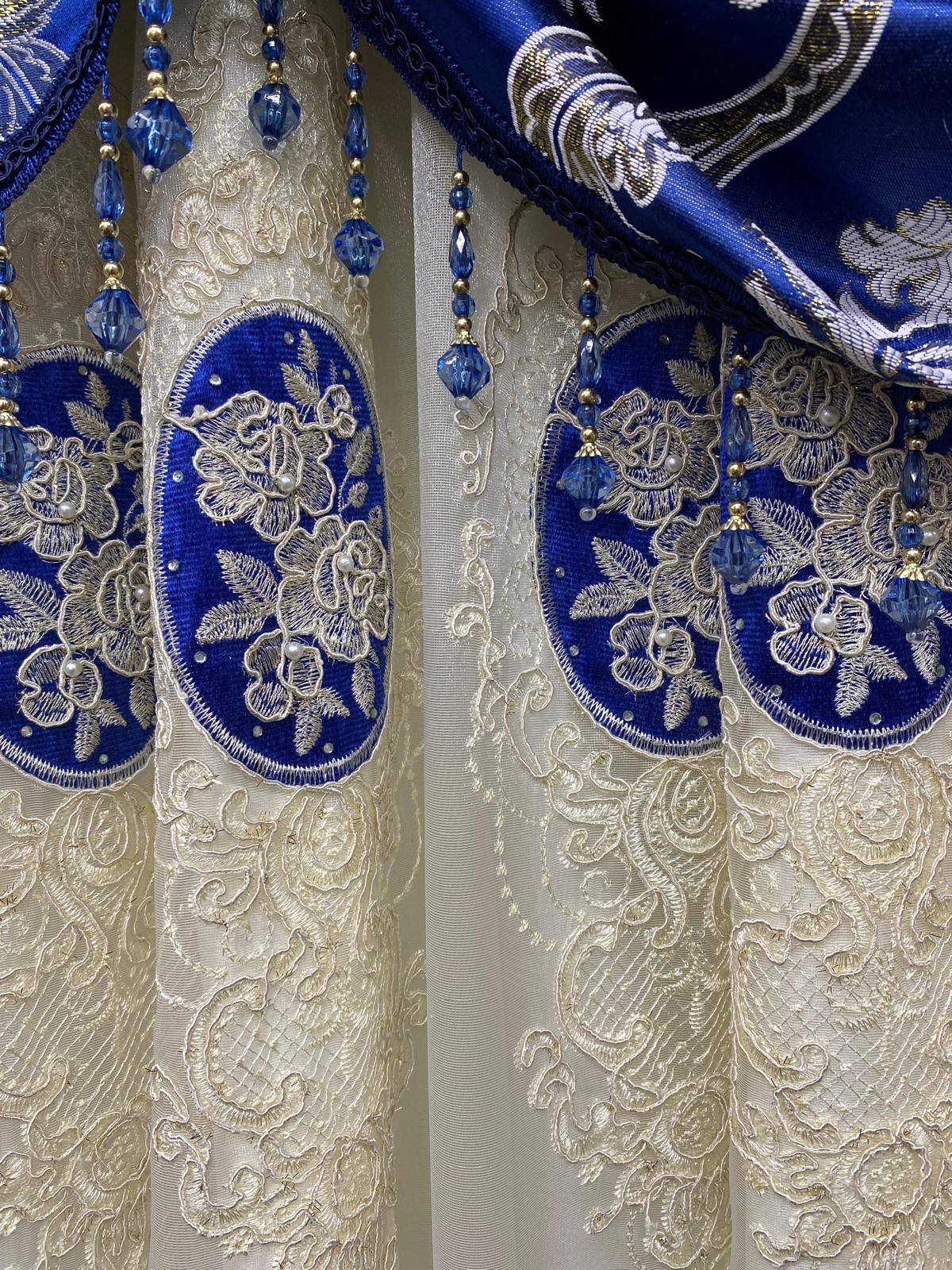 Blue Mina Luxury Curtain Set for 78 Inch Wide Window with Monalisa Panels and Backing