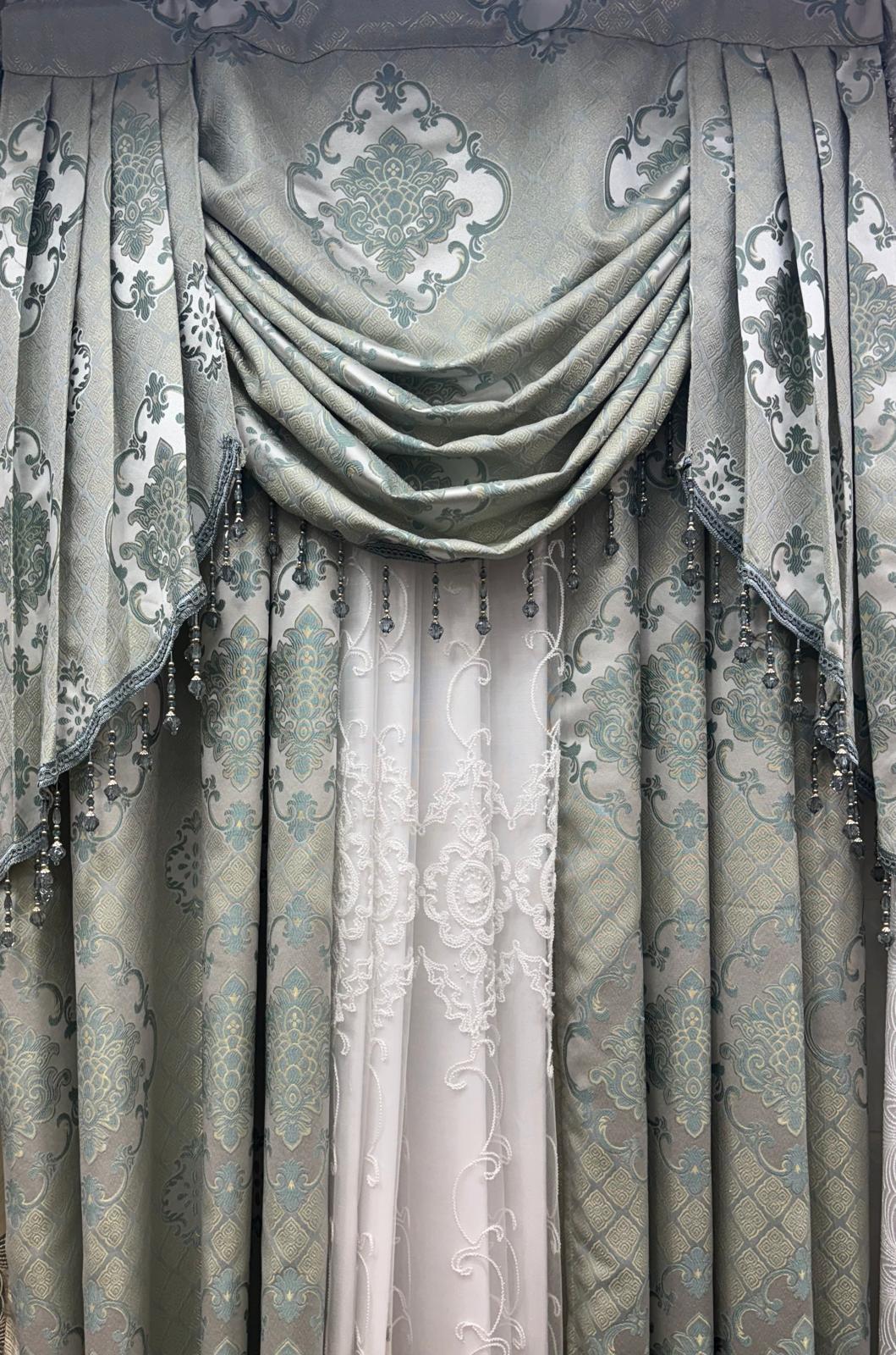 Tina 5 Piece Aqua Luxury Curtain Set for 39 Inch Window | Small Window Curtain Set