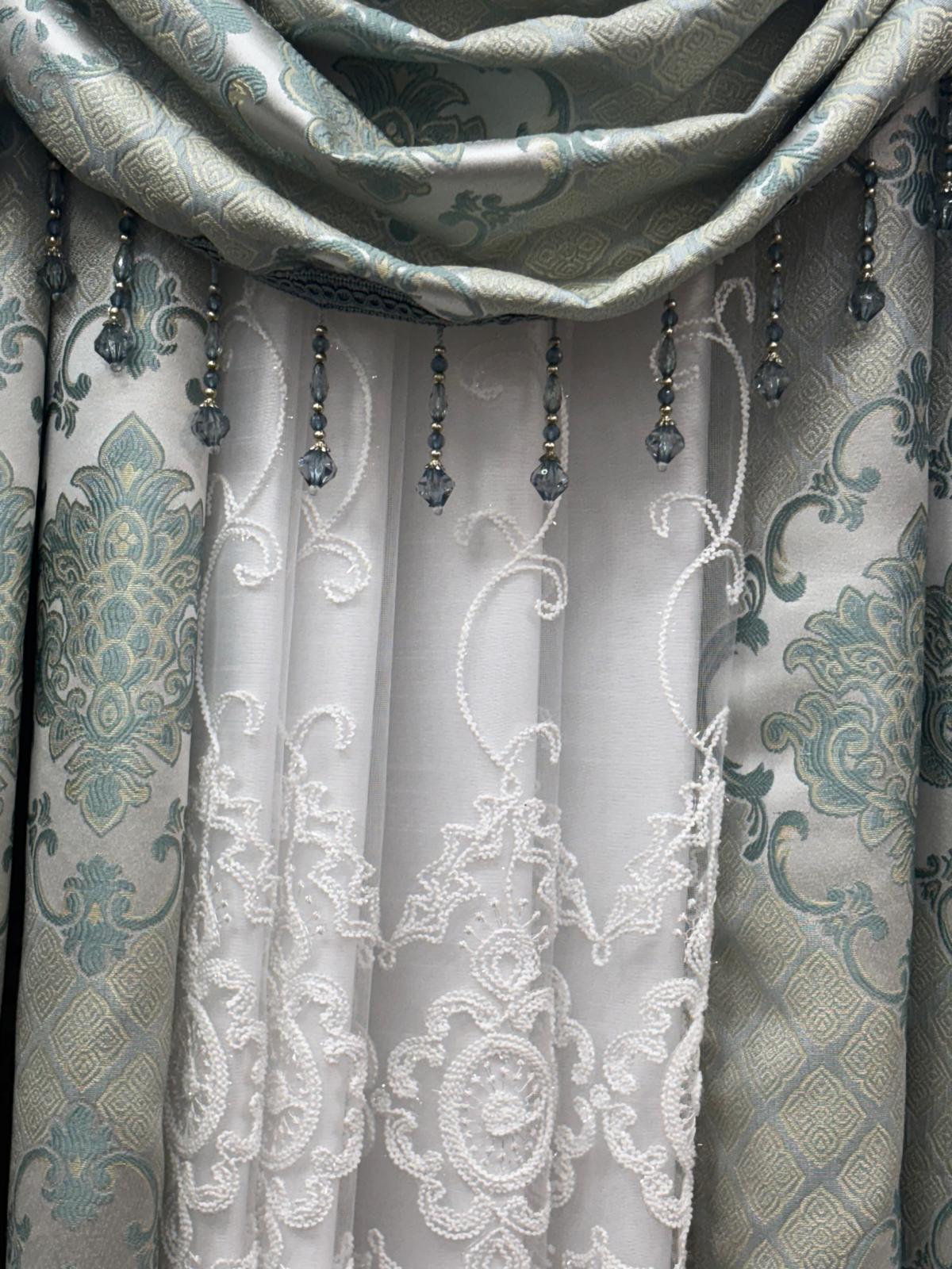 Tina 5 Piece Aqua Luxury Curtain Set for 39 Inch Window | Small Window Curtain Set