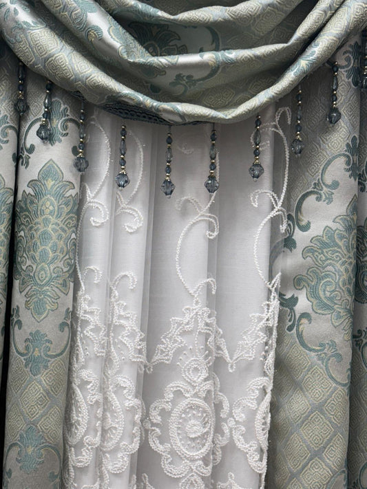 Tina 5 Piece Aqua Luxury Curtain Set for 39 Inch Window | Small Window Curtain Set