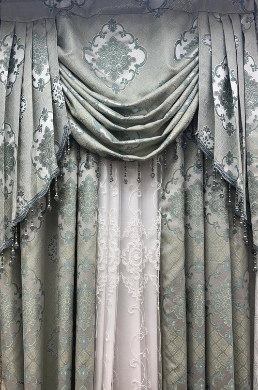 Tina 5 Piece Aqua Luxury Curtain Set for 39 Inch Window | Small Window Curtain Set