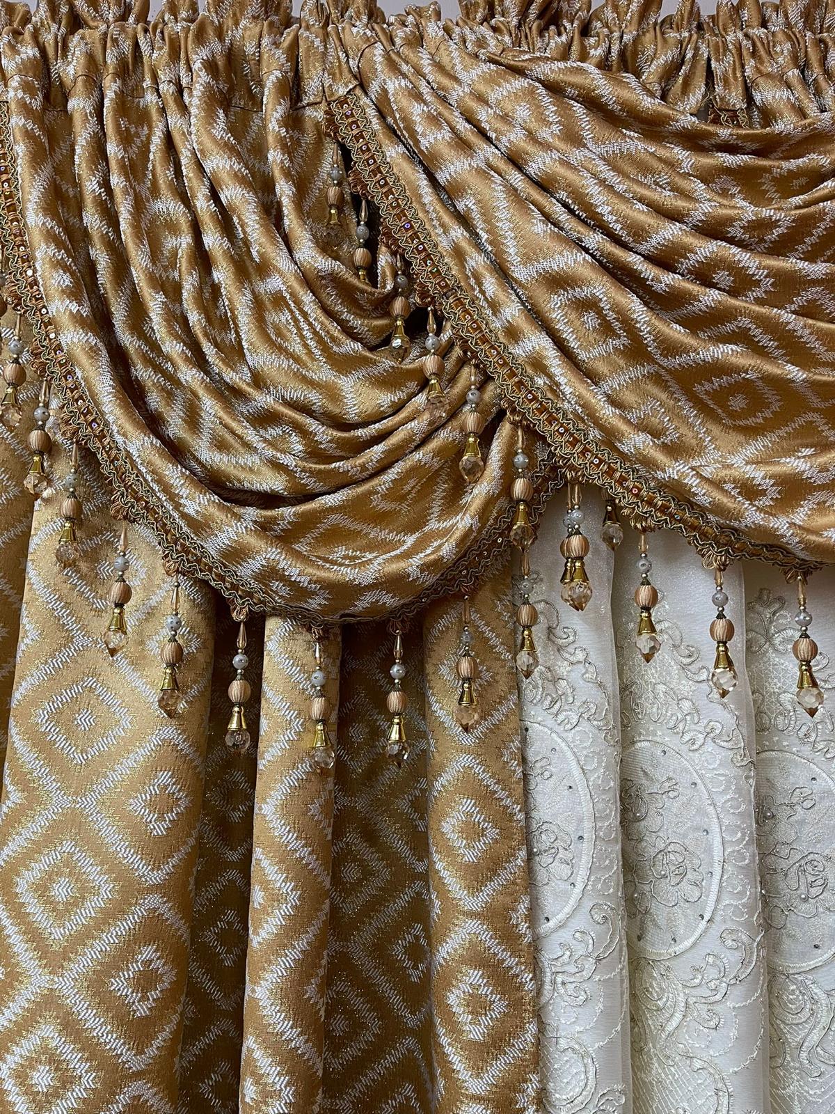 Maxine 7 Piece Gold Luxury Curtain Set With Monalisa Center Panel & Backing