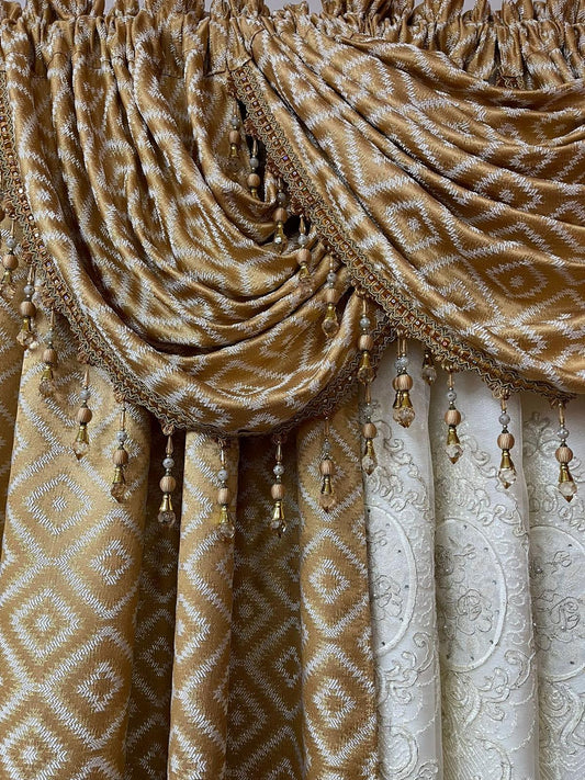 Maxine 7 Piece Gold Luxury Curtain Set With Monalisa Center Panel & Backing