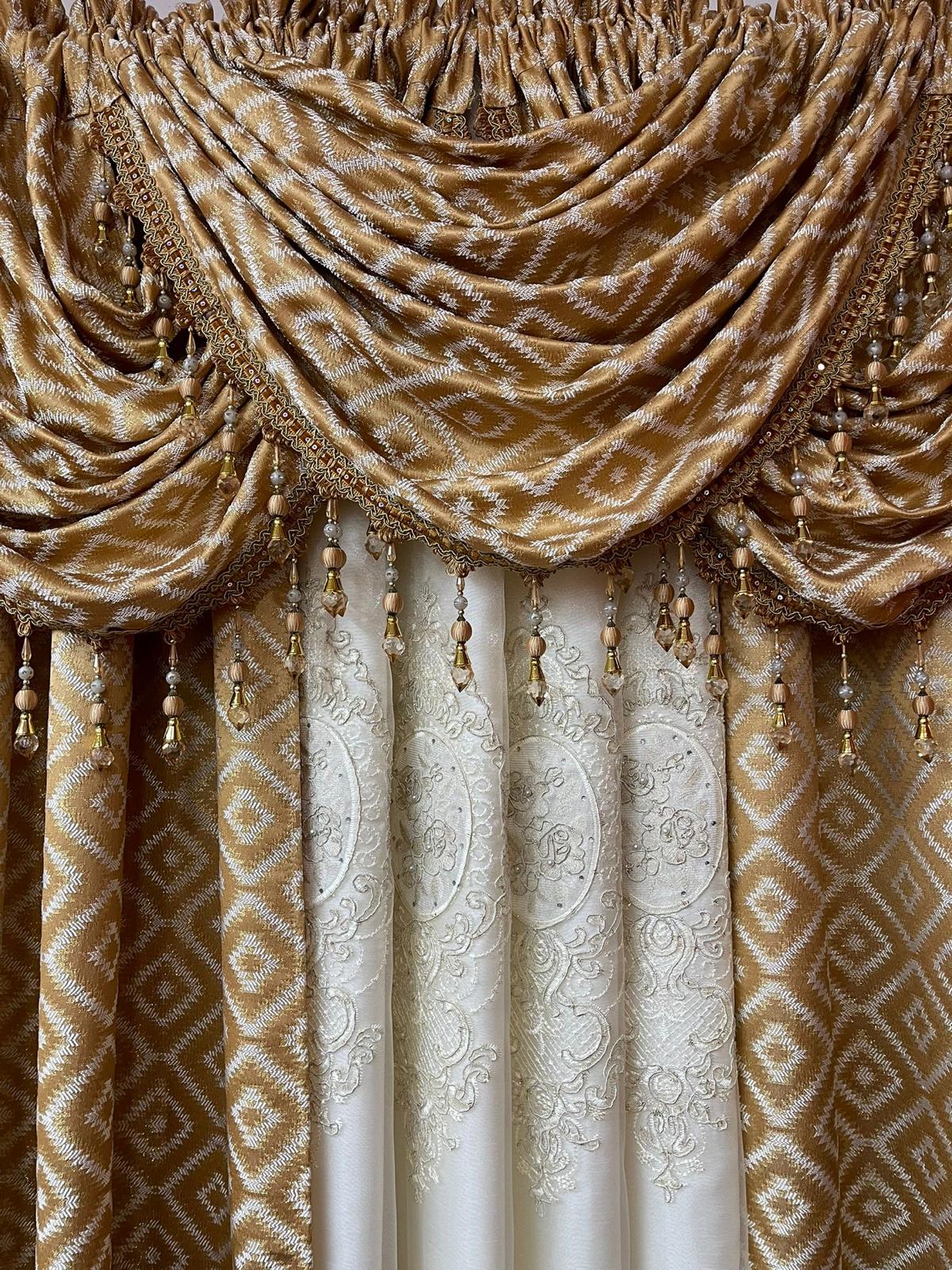 Maxine 7 Piece Gold Luxury Curtain Set With Monalisa Center Panel & Backing
