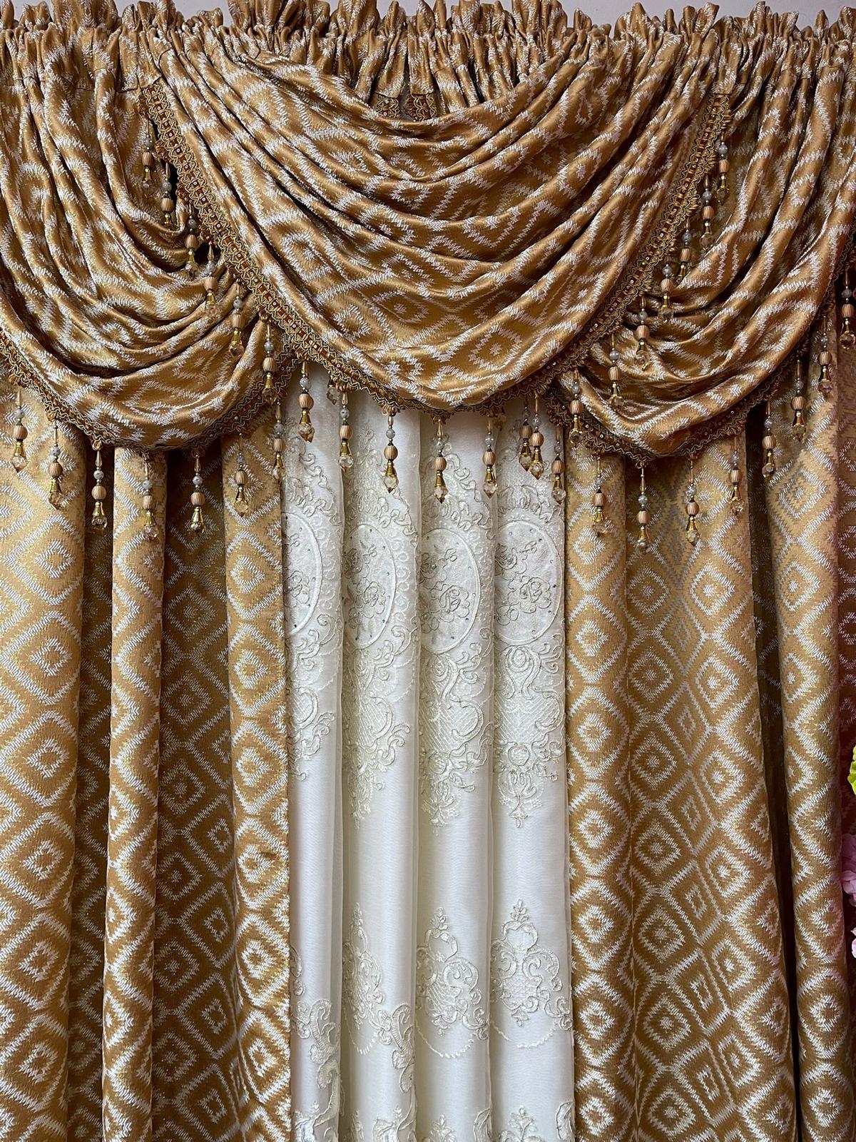 Maxine 7 Piece Gold Luxury Curtain Set With Monalisa Center Panel & Backing