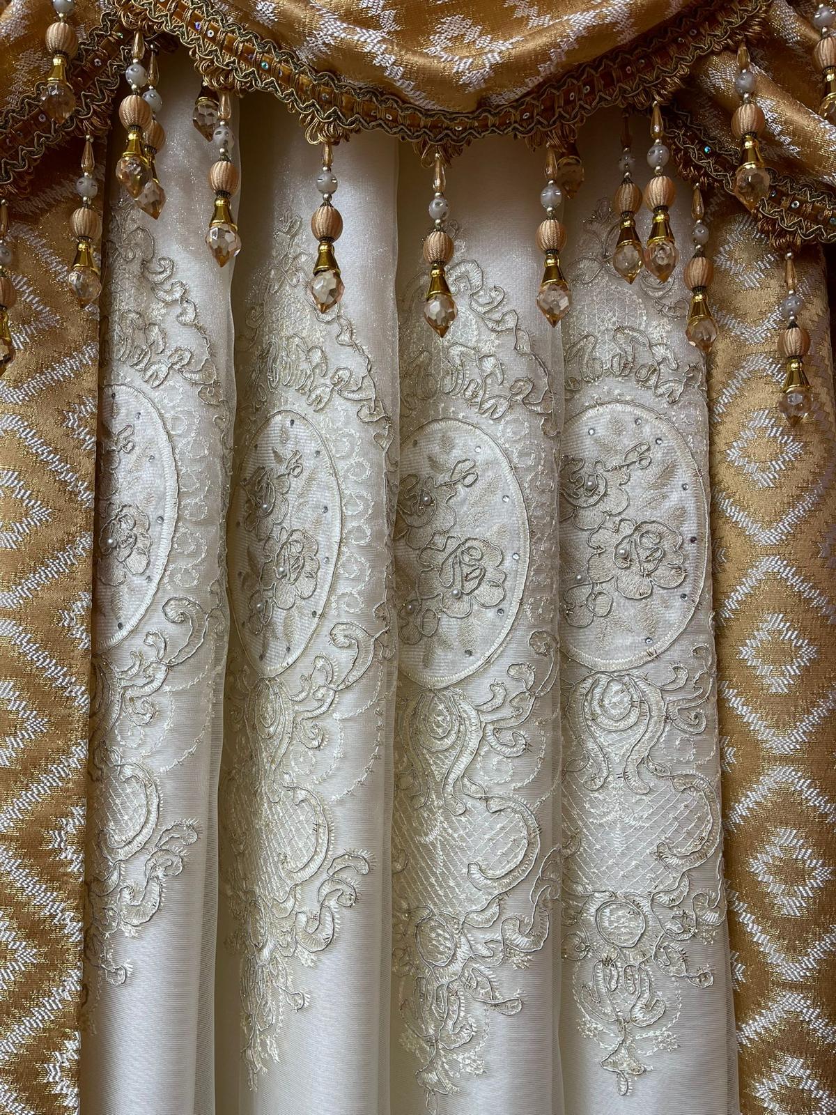 Maxine 7 Piece Gold Luxury Curtain Set With Monalisa Center Panel & Backing