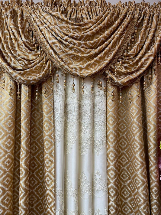 Maxine 7 Piece Gold Luxury Curtain Set With Monalisa Center Panel & Backing