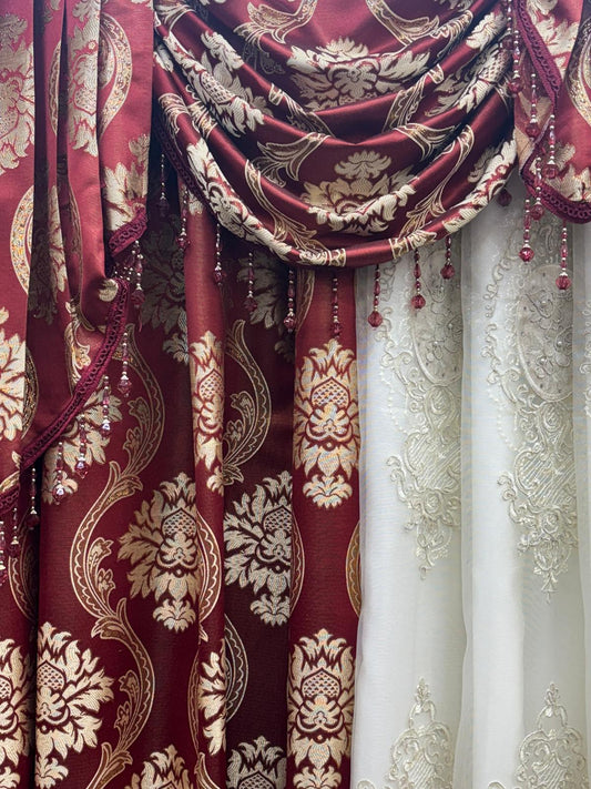Mina 5 Piece Luxury Curtain Set – Burgundy | Fits 59 Inch Wide Window - Stylish Curtains