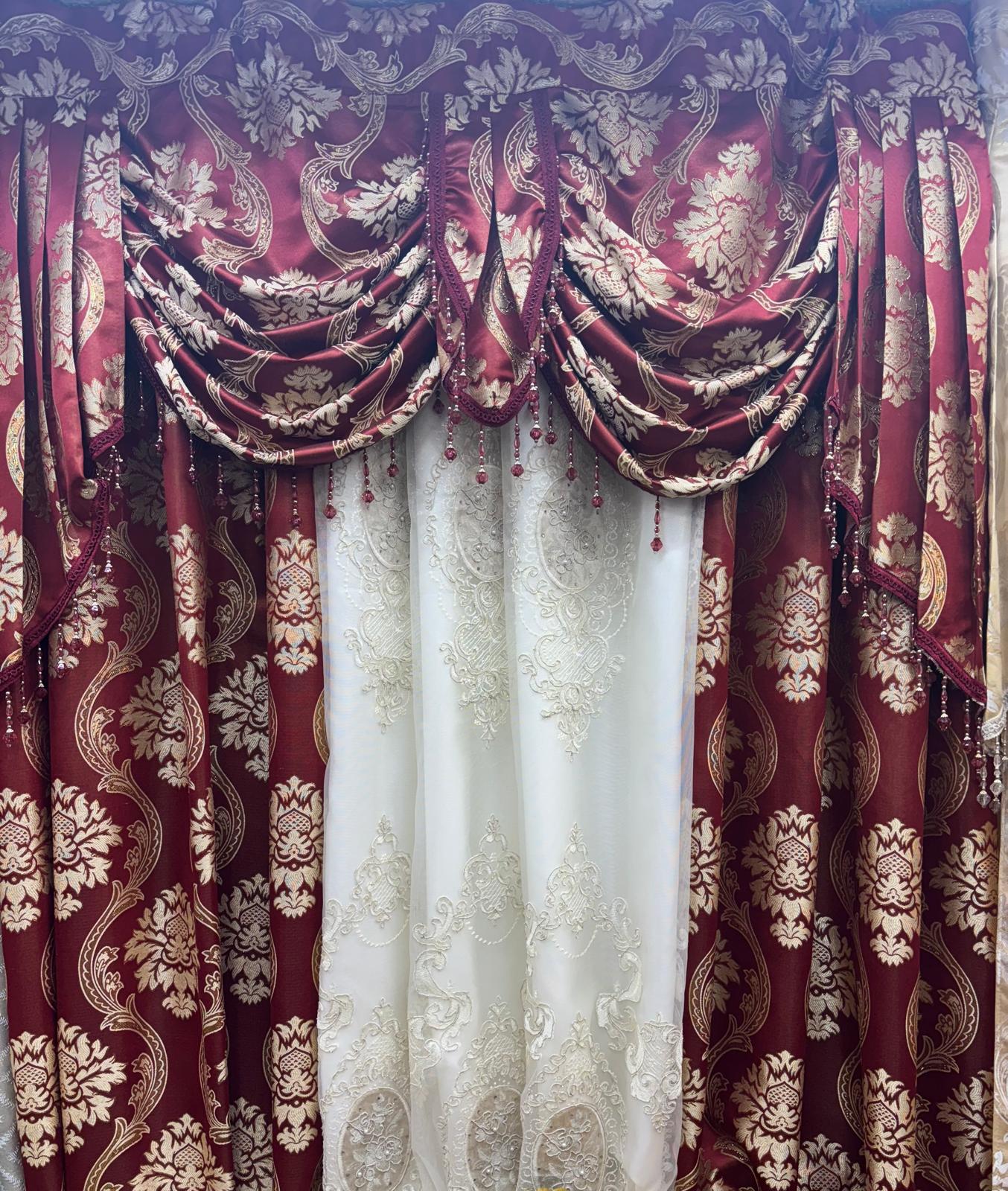 Burgundy Luxury Curtain Set for 59 Inch Window with Beige Center Panel - Stylish Curtains