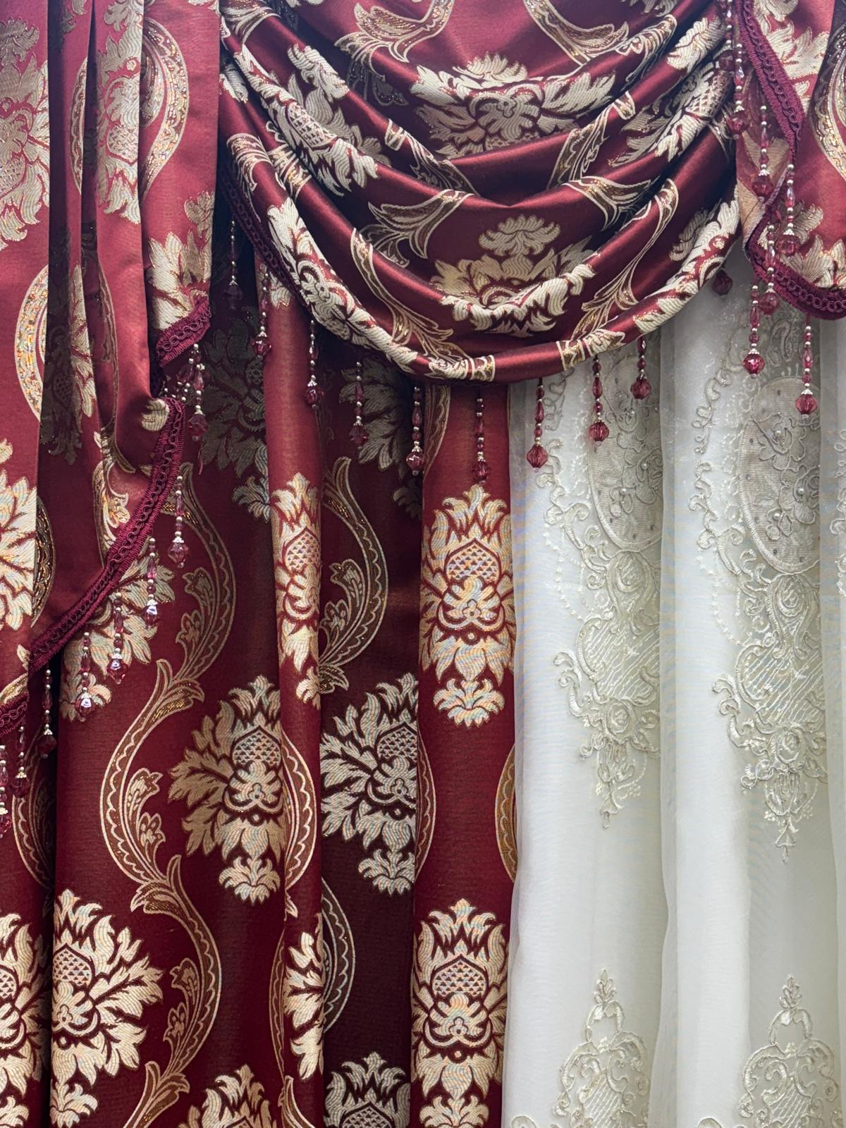 Burgundy Luxury Curtain Set for 59 Inch Window with Beige Center Panel - Stylish Curtains