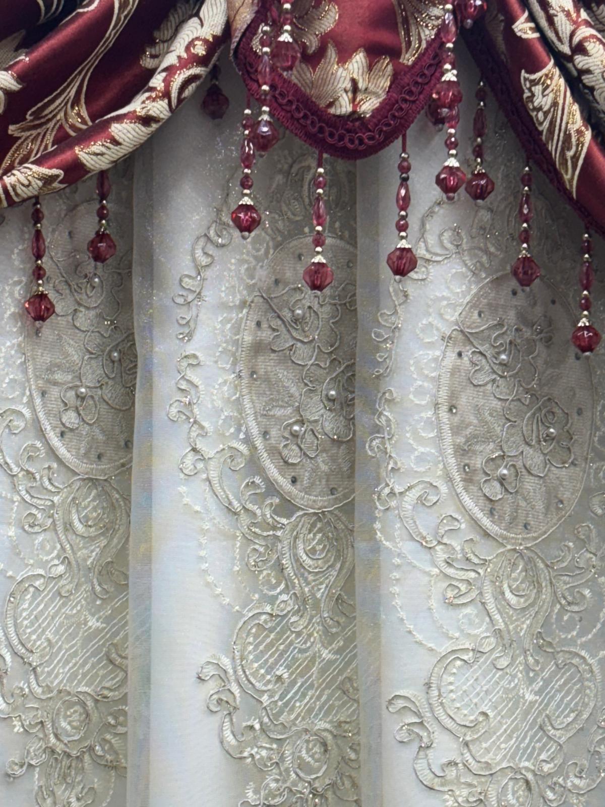 Burgundy Luxury Curtain Set for 59 Inch Window with Beige Center Panel - Stylish Curtains