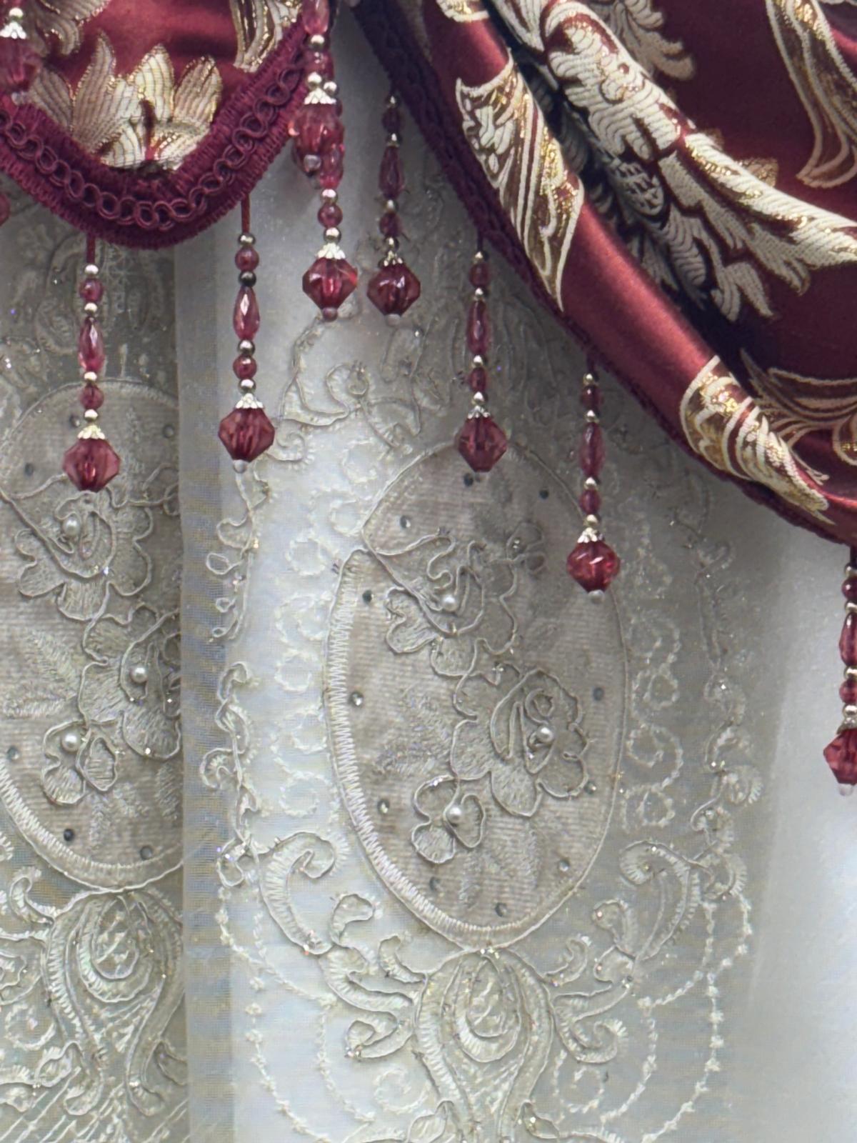 Burgundy Luxury Curtain Set for 59 Inch Window with Beige Center Panel - Stylish Curtains