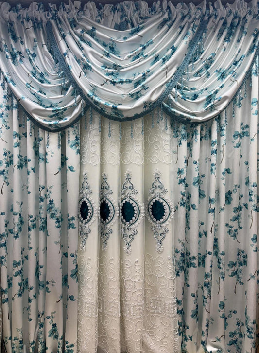 Regency Blossom 7-Piece Luxury Curtain Set – Teal with Veronica Sheer & Backing - Stylish Curtains