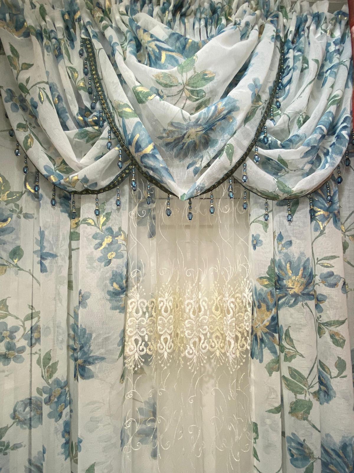 6 pieces Anna Blue Sheer Curtain Set for Living Room | Amy embroidered middle panel - Stylish Curtains