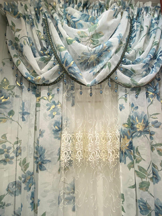 6 pieces Anna Blue Sheer Curtain Set for Living Room | Amy embroidered middle panel - Stylish Curtains