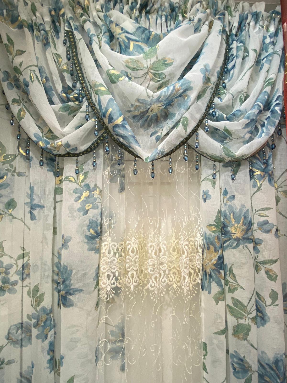 6 pieces Anna Blue Sheer Curtain Set for Living Room | Amy embroidered middle panel - Stylish Curtains