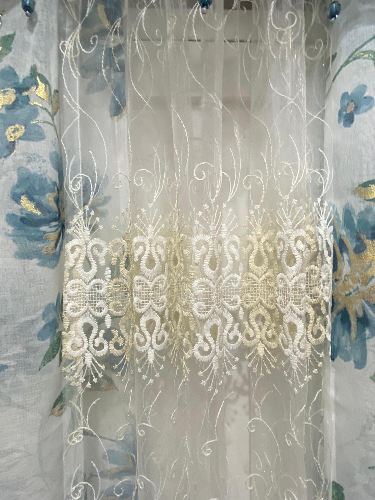 6 pieces Anna Blue Sheer Curtain Set for Living Room | Amy embroidered middle panel - Stylish Curtains