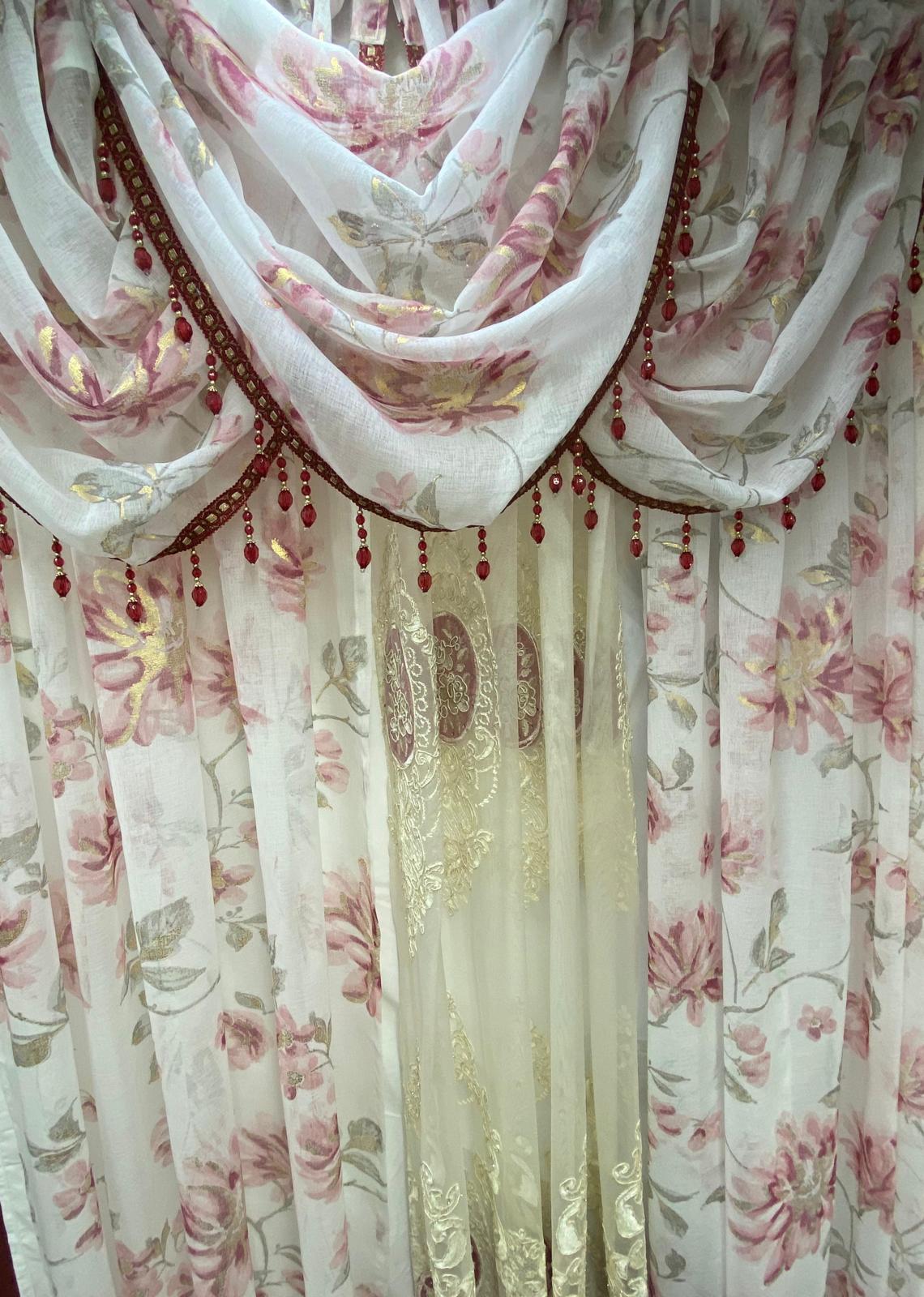 Anna 6-Piece Luxury Curtain Set – Burgundy With Monalisa Embroidered Panel - Stylish Curtains