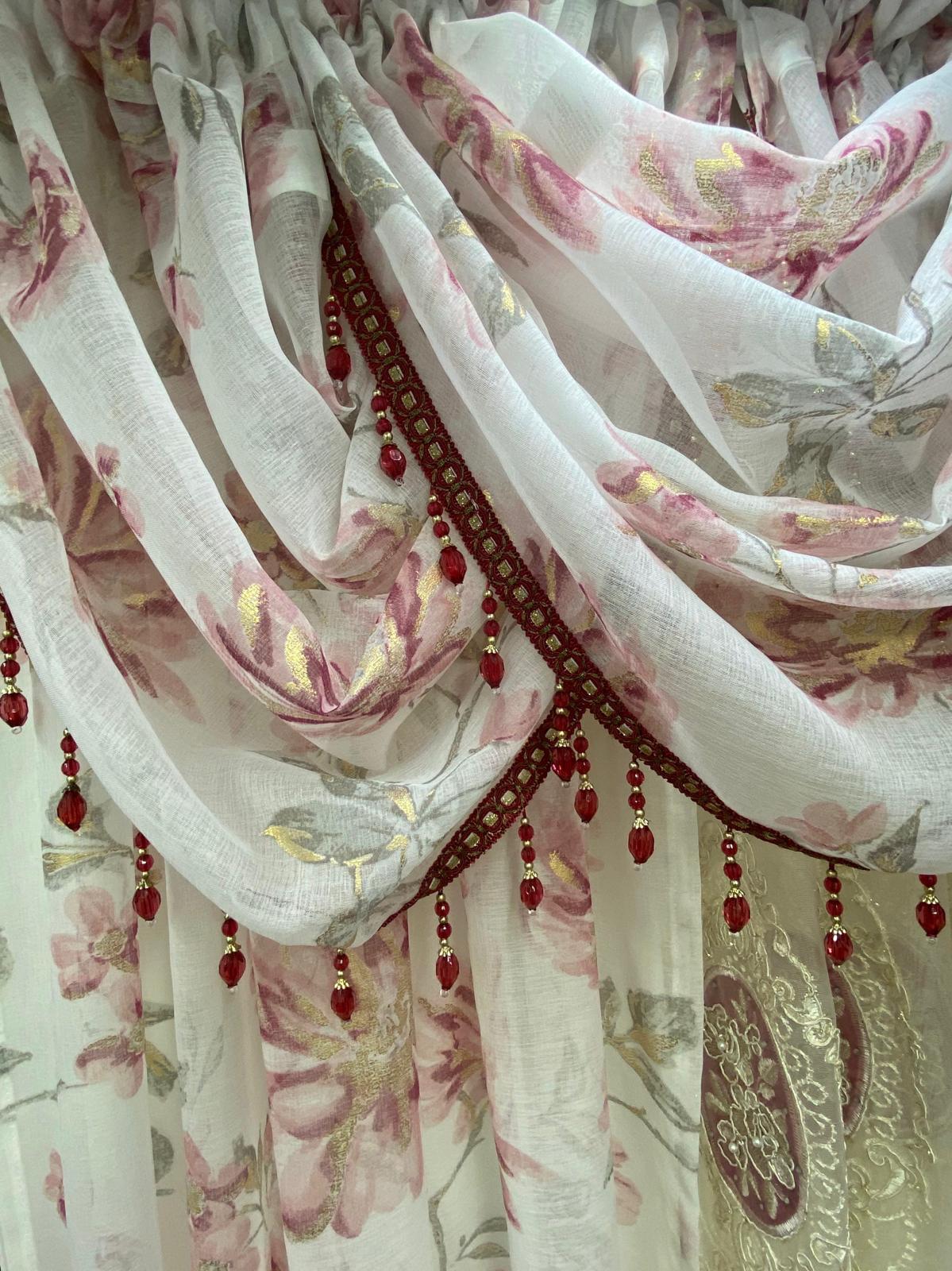 Anna 6-Piece Luxury Curtain Set – Burgundy With Monalisa Embroidered Panel - Stylish Curtains