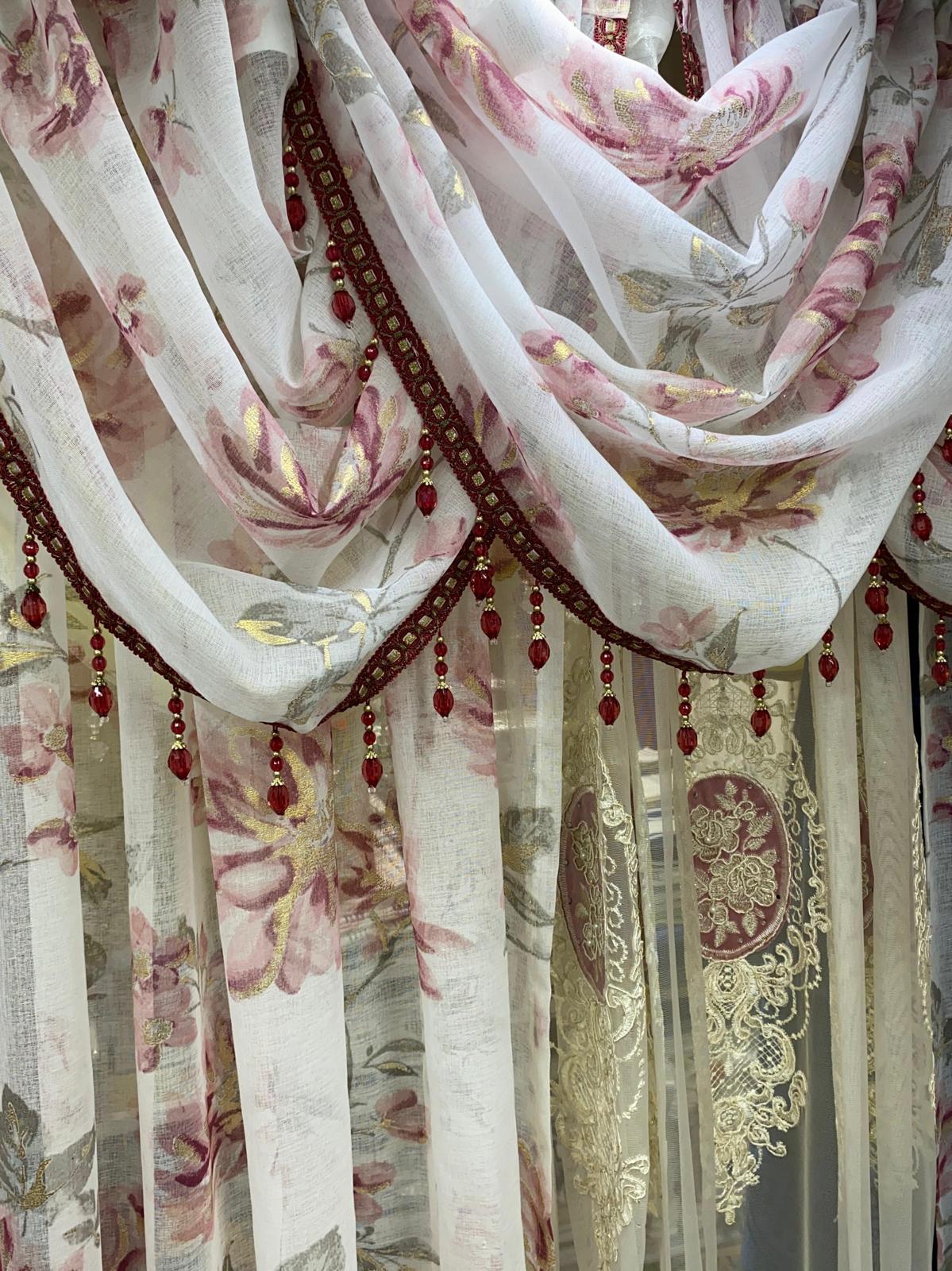 Anna 6-Piece Luxury Curtain Set – Burgundy With Monalisa Embroidered Panel - Stylish Curtains