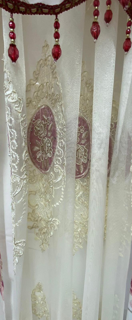 Anna 6-Piece Luxury Curtain Set – Burgundy With Monalisa Embroidered Panel - Stylish Curtains