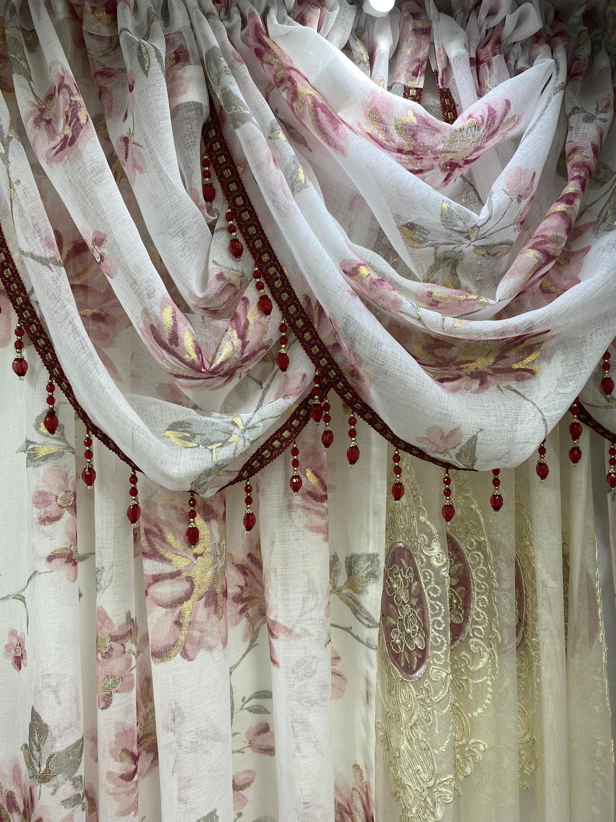 Anna 6-Piece Luxury Curtain Set – Burgundy With Monalisa Embroidered Panel - Stylish Curtains