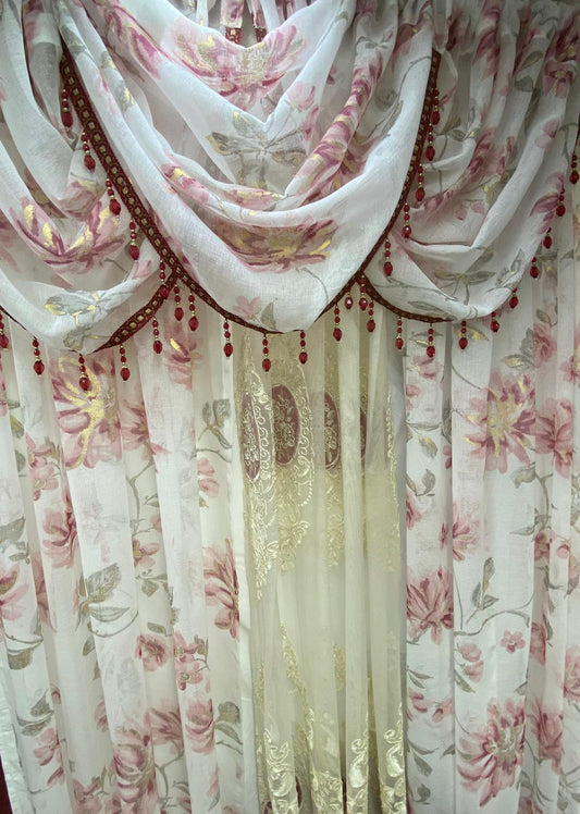 Anna 6-Piece Luxury Curtain Set – Burgundy With Monalisa Embroidered Panel - Stylish Curtains