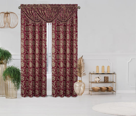 Magnolia 5-Piece Luxury Curtain Set With Waterfall Valances | Burgundy, Blue & Brown - Stylish Curtains