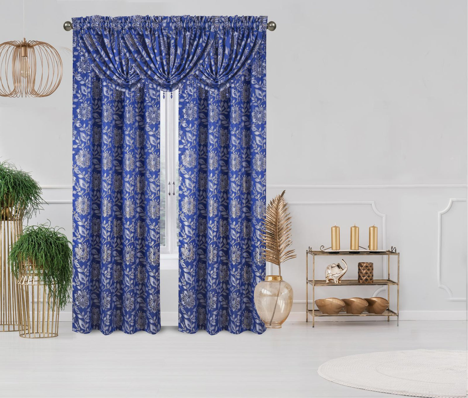 Magnolia 5-Piece Luxury Curtain Set With Waterfall Valances | Burgundy, Blue & Brown - Stylish Curtains