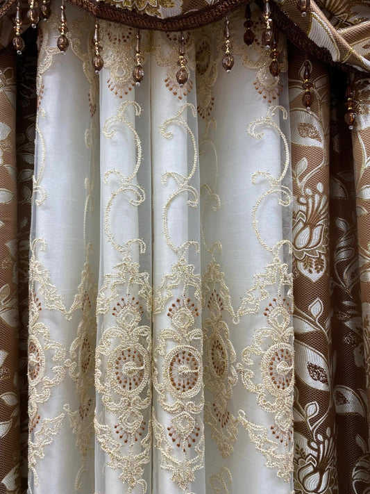 Magnolia Brown 7-Piece Curtain Set With Ruthland Center Panel & Backing - Stylish Curtains