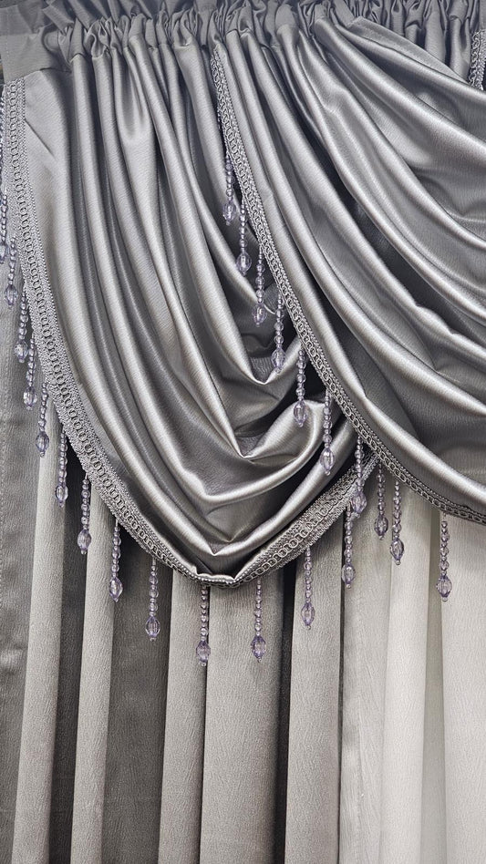 Regency Gray & White 6-Piece Luxury Curtain Set with Beaded Waterfall Valances - Stylish Curtains