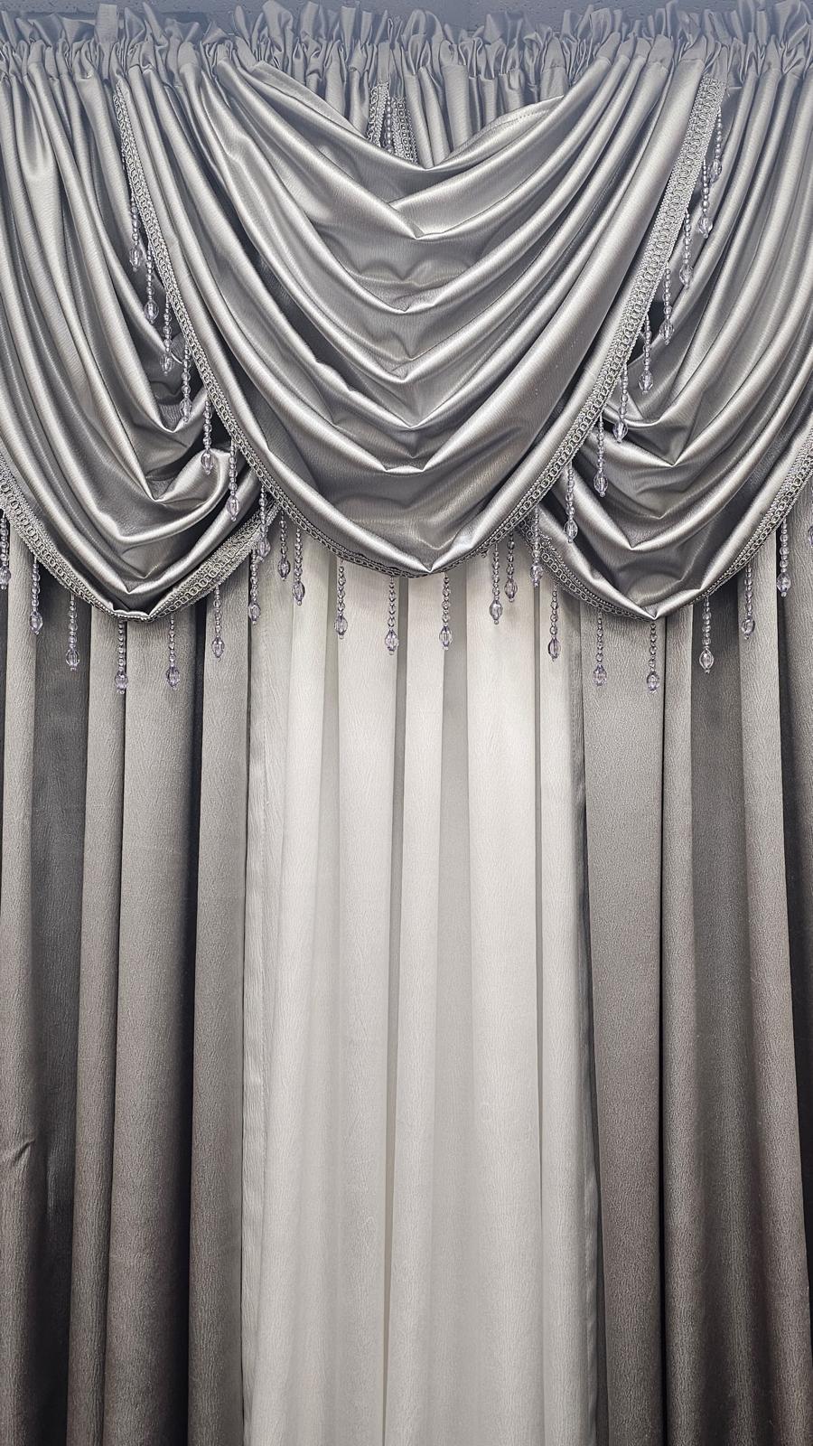 Regency Gray & White 6-Piece Luxury Curtain Set with Beaded Waterfall Valances - Stylish Curtains
