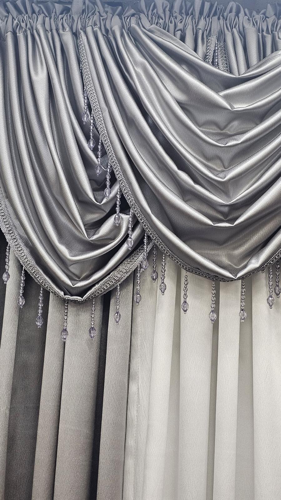 Regency Gray & White 6-Piece Luxury Curtain Set with Beaded Waterfall Valances - Stylish Curtains