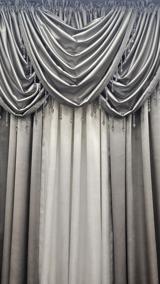 Regency Gray & White 6-Piece Luxury Curtain Set with Beaded Waterfall Valances - Stylish Curtains