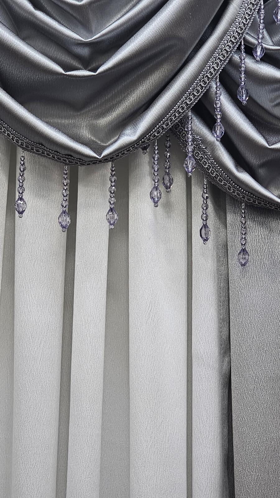 Regency Gray & White 6-Piece Luxury Curtain Set with Beaded Waterfall Valances - Stylish Curtains