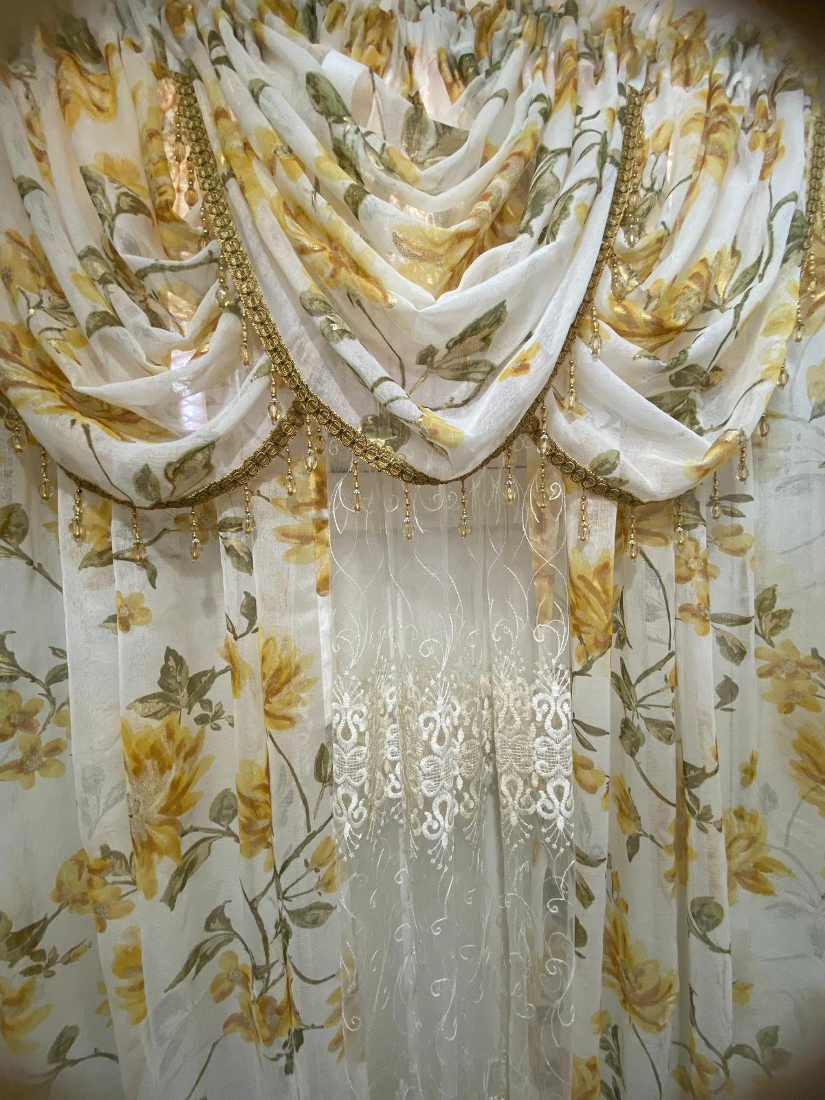 Anna Yellow Sheer Curtain Set with Amy Embroidered Center Panel – 6 Piece Window Treatment - Stylish Curtains