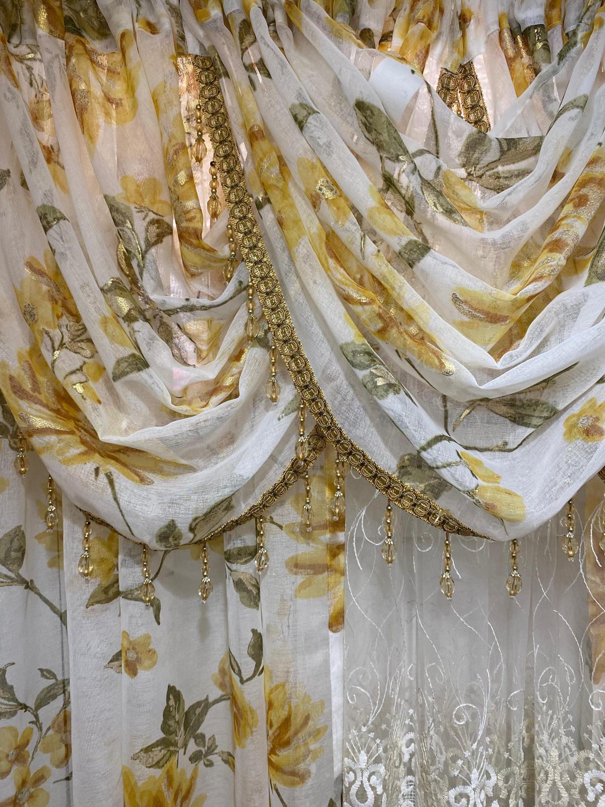 Anna Yellow Sheer Curtain Set with Amy Embroidered Center Panel – 6 Piece Window Treatment - Stylish Curtains