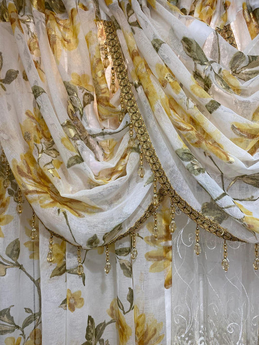 Anna Yellow Sheer Curtain Set with Amy Embroidered Center Panel – 6 Piece Window Treatment - Stylish Curtains