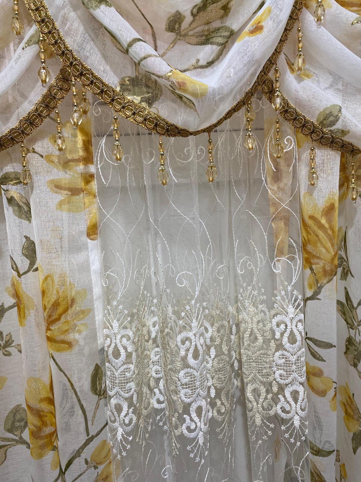 Anna Yellow Sheer Curtain Set with Amy Embroidered Center Panel – 6 Piece Window Treatment - Stylish Curtains