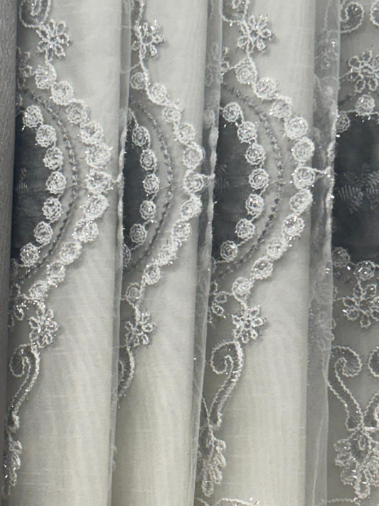 Regency Gray 7-Piece Luxury Curtain Set With Veronica Embroidered Sheer & Backing - Stylish Curtains