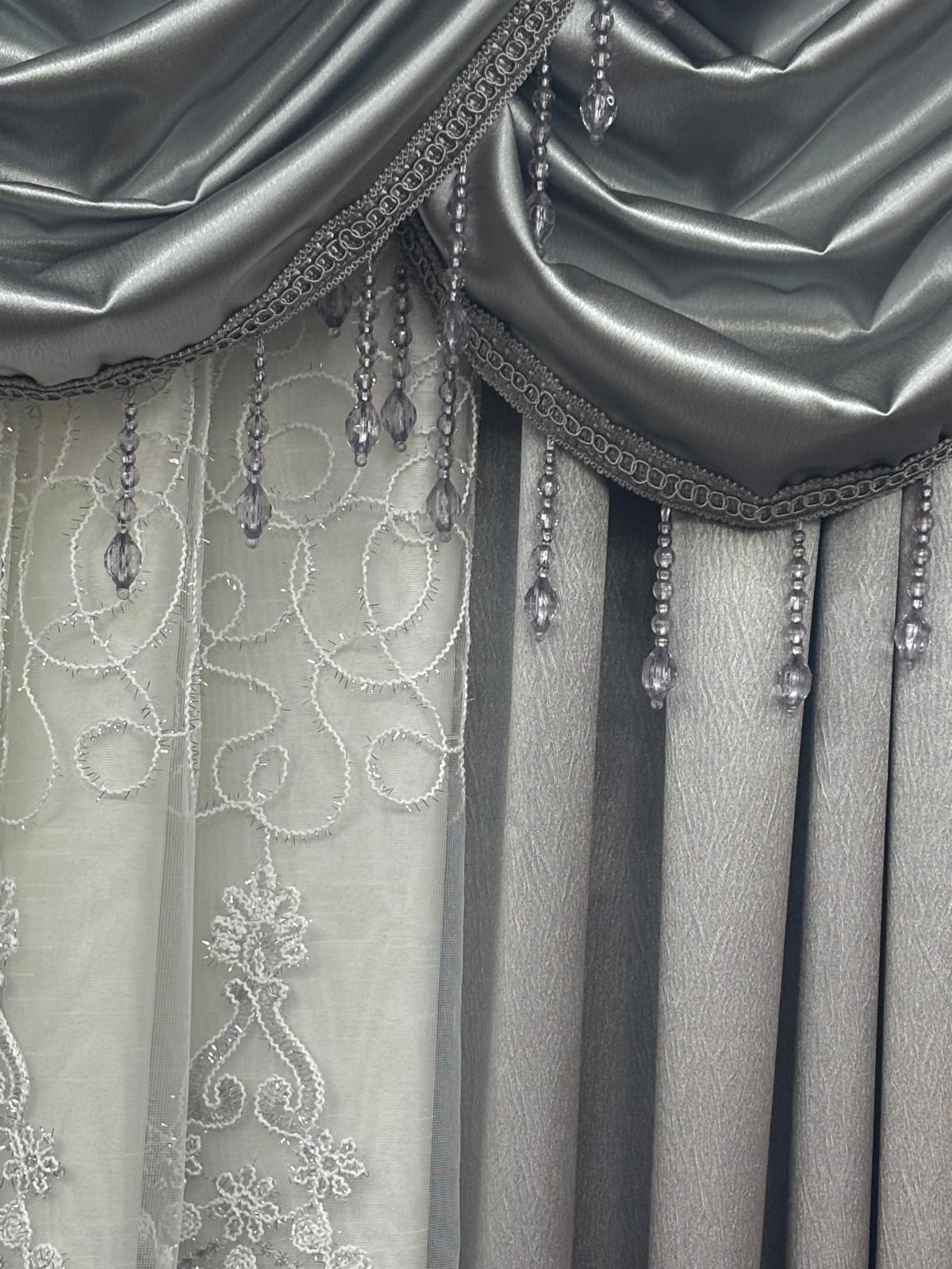 Regency Gray 7-Piece Luxury Curtain Set With Veronica Embroidered Sheer & Backing - Stylish Curtains