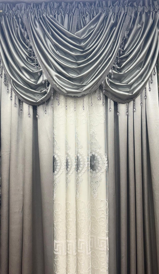 Regency Gray 7-Piece Luxury Curtain Set With Veronica Embroidered Sheer & Backing - Stylish Curtains
