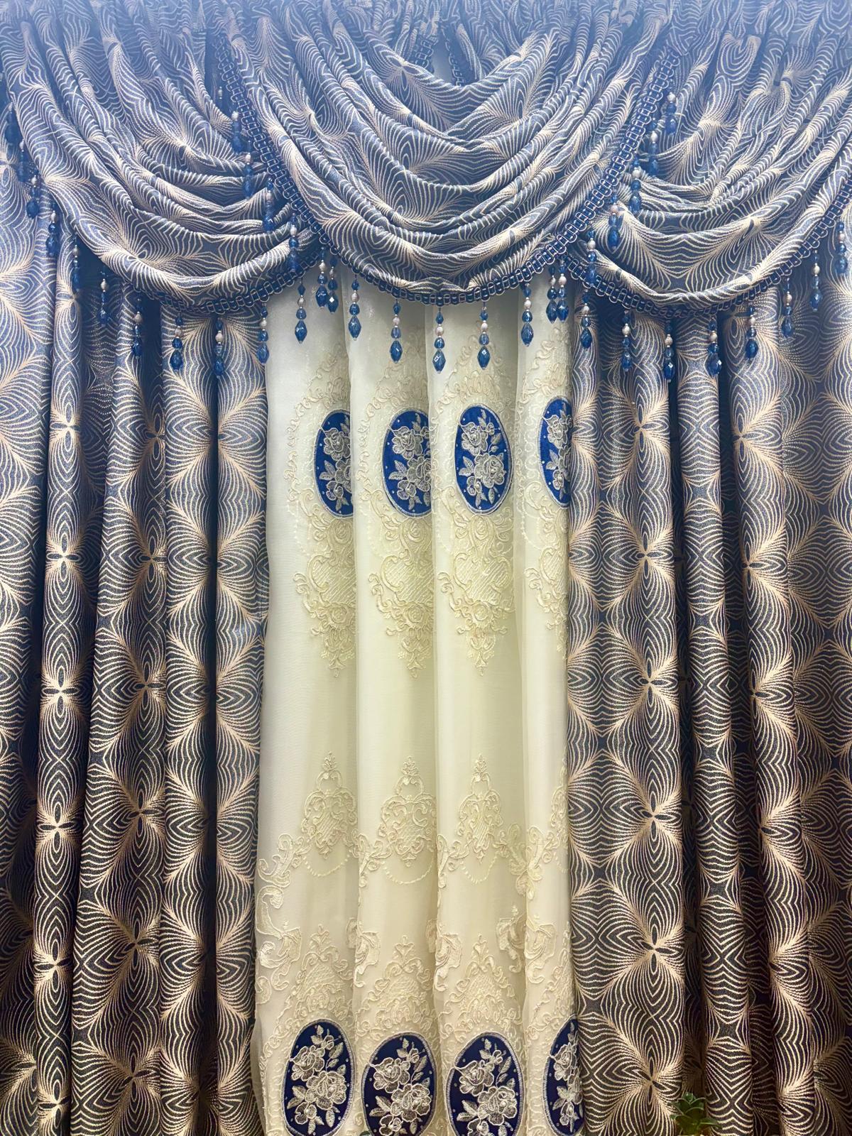 Margo 7 Pc Luxury Navy Curtain Set With Monalisa Embroidered Center Panel & Backing - Stylish Curtains