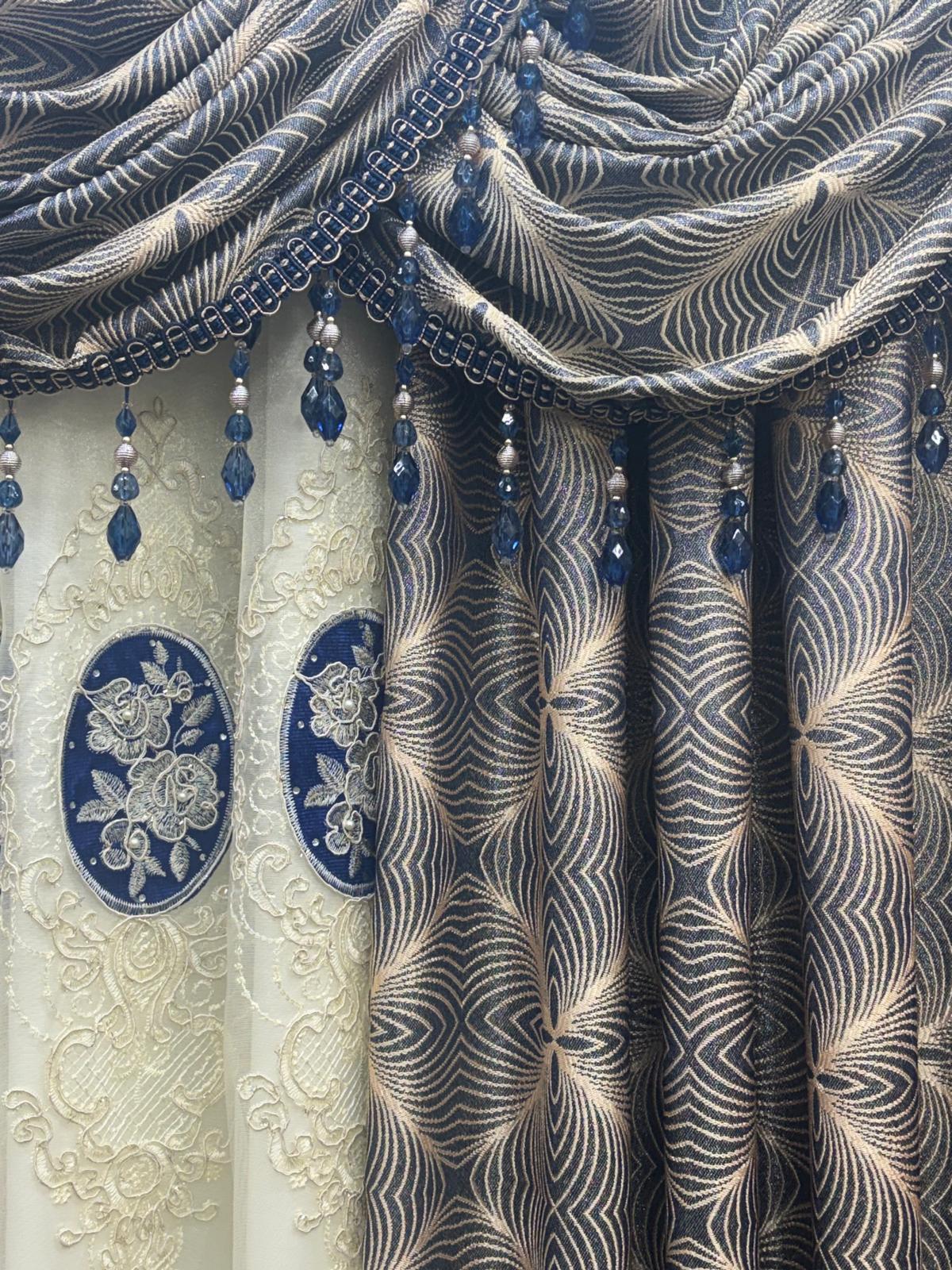 Margo 7 Pc Luxury Navy Curtain Set With Monalisa Embroidered Center Panel & Backing - Stylish Curtains